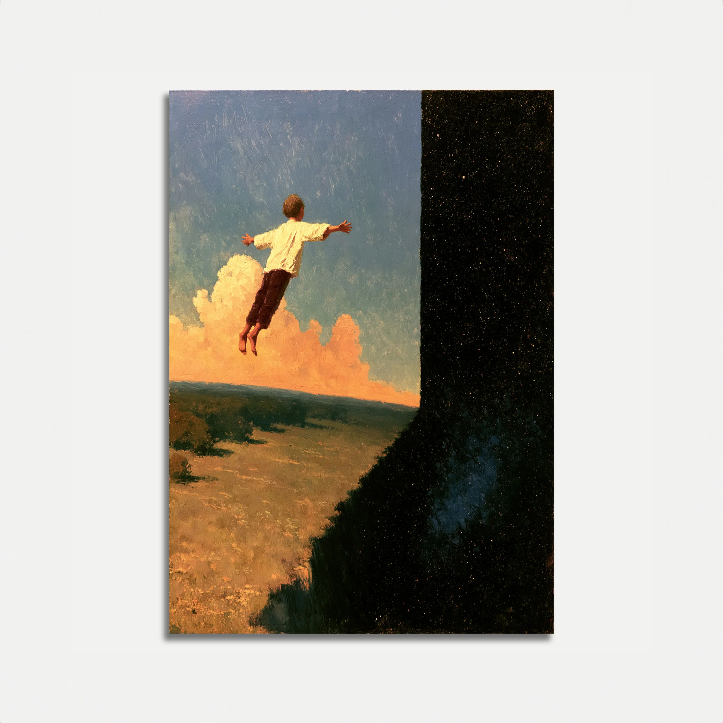 Boy Flying Through Clouds Poster
