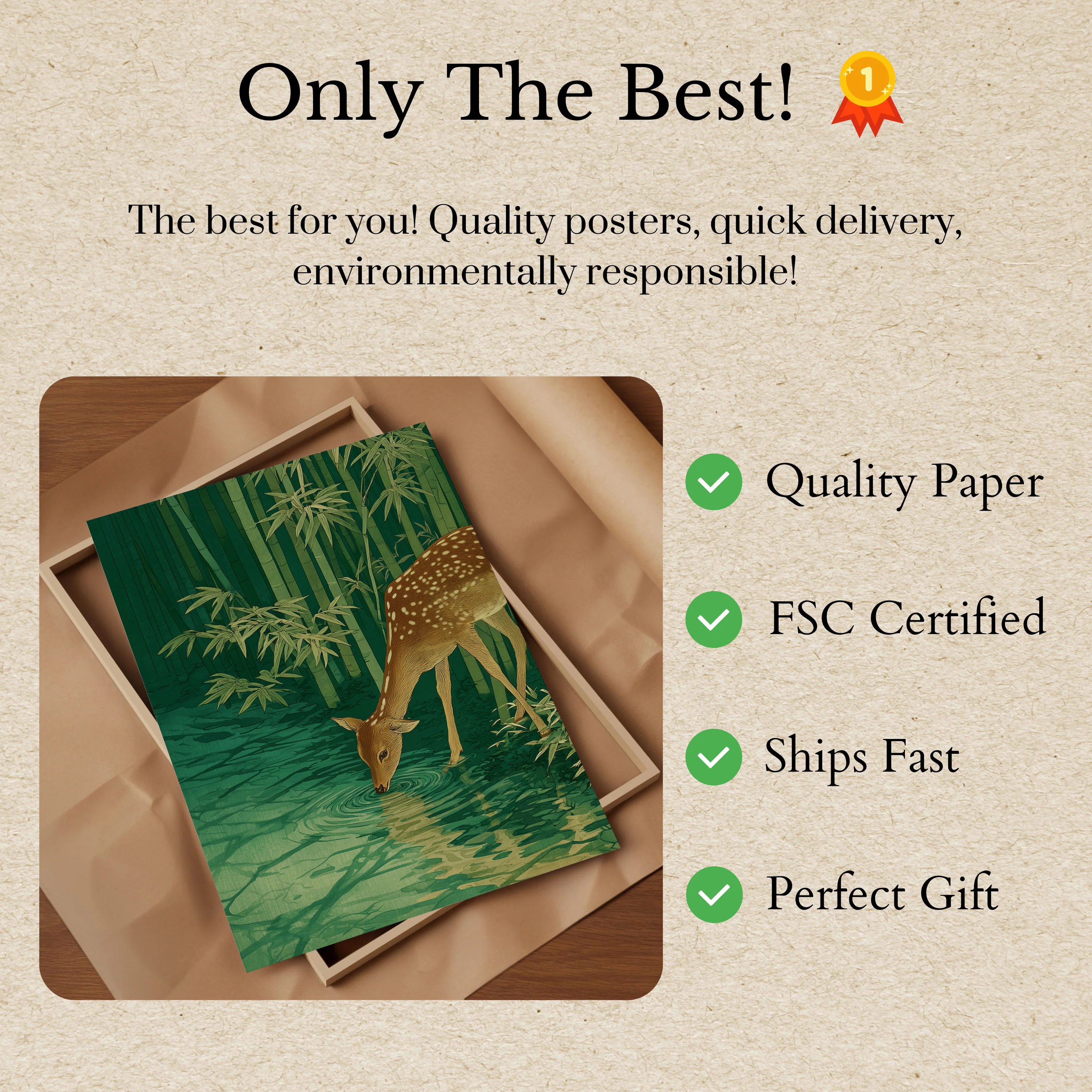 Deer Drinking from Bamboo Stream Poster - Image 3