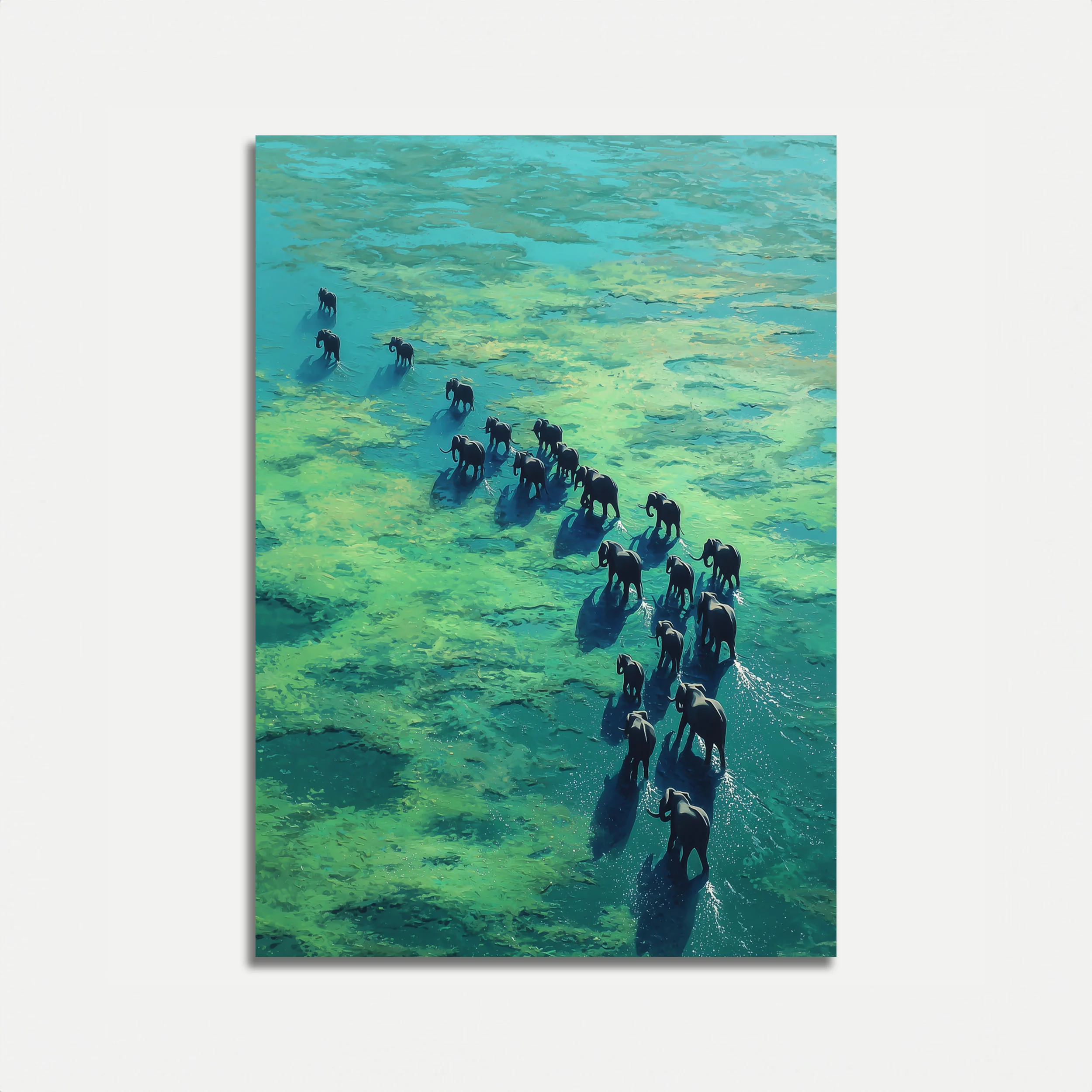 Elephant Herd Crossing Waters Poster