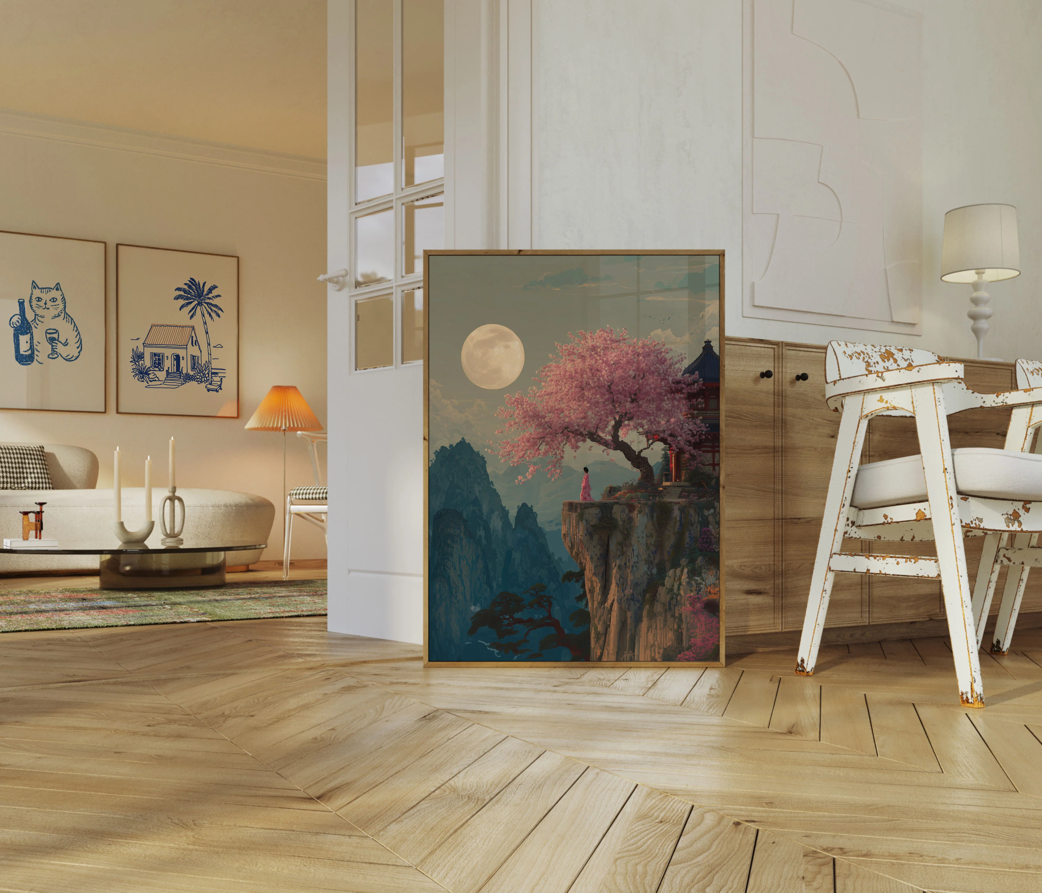 Moonlit Cherry Blossom Cliffside Poster - Image 5