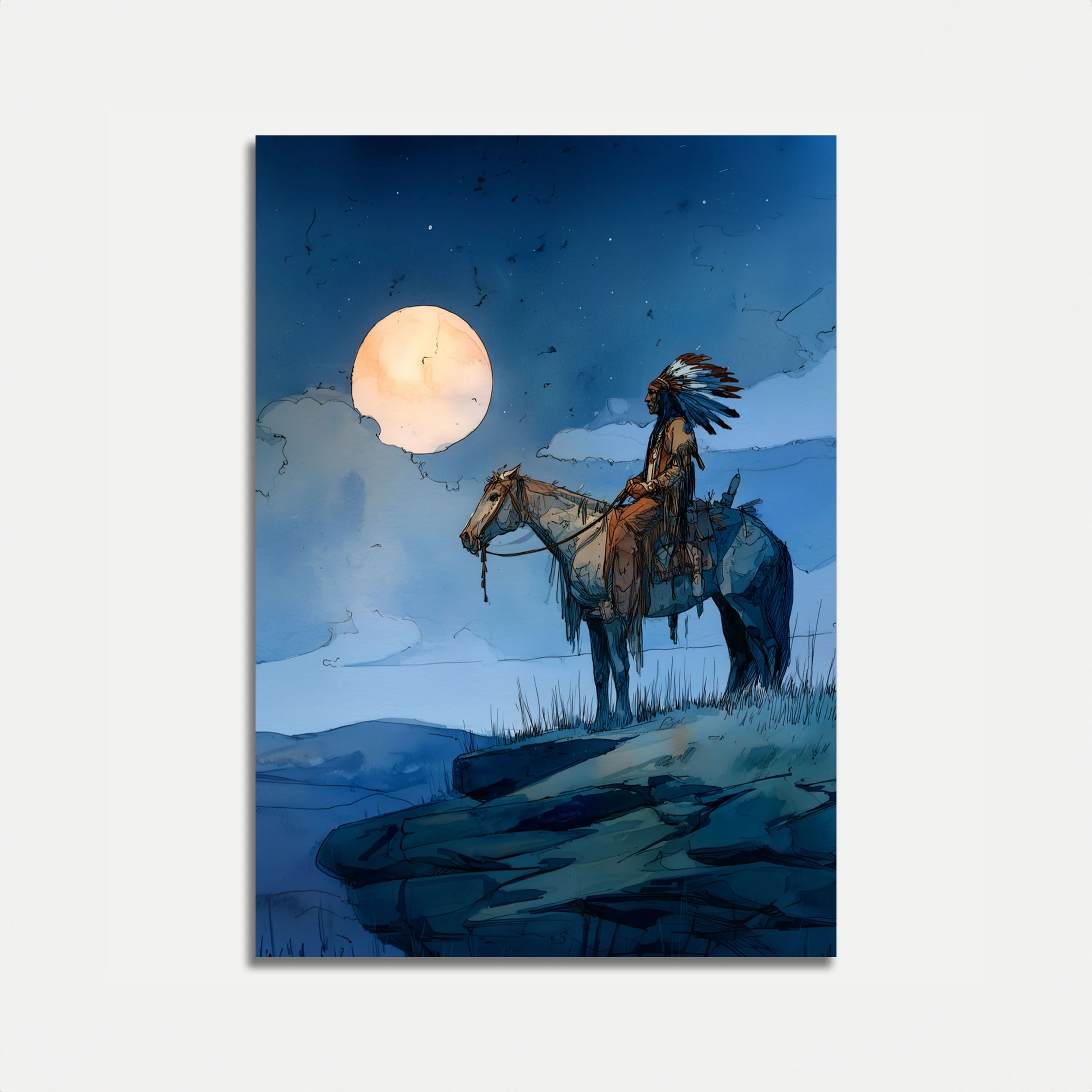 Moonlit Native Warrior Poster