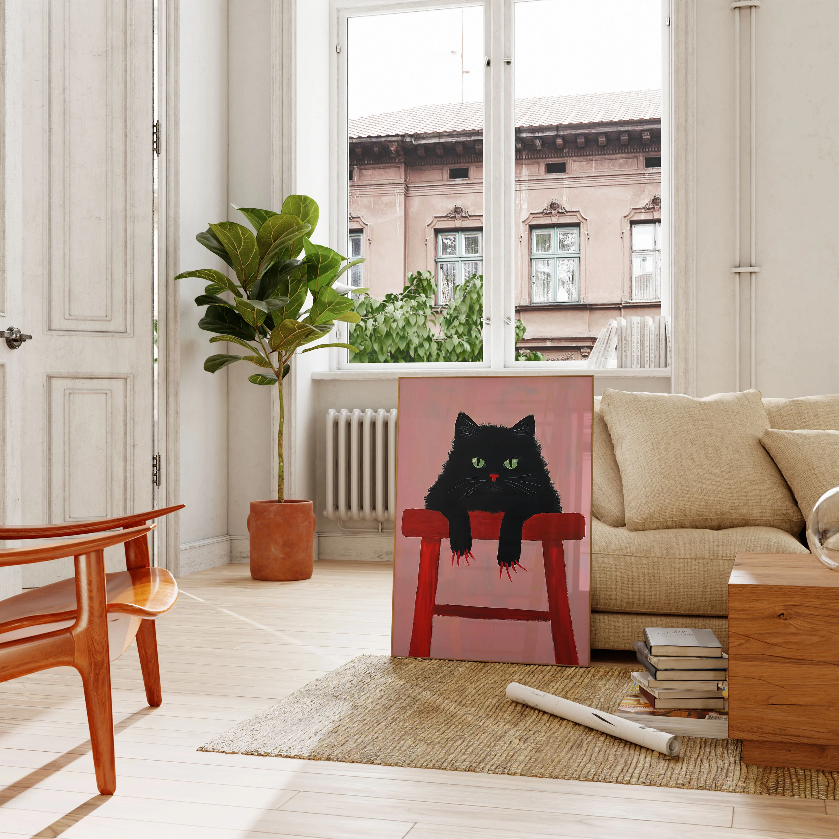 Noir Cat on Red Stool Poster - Image 2