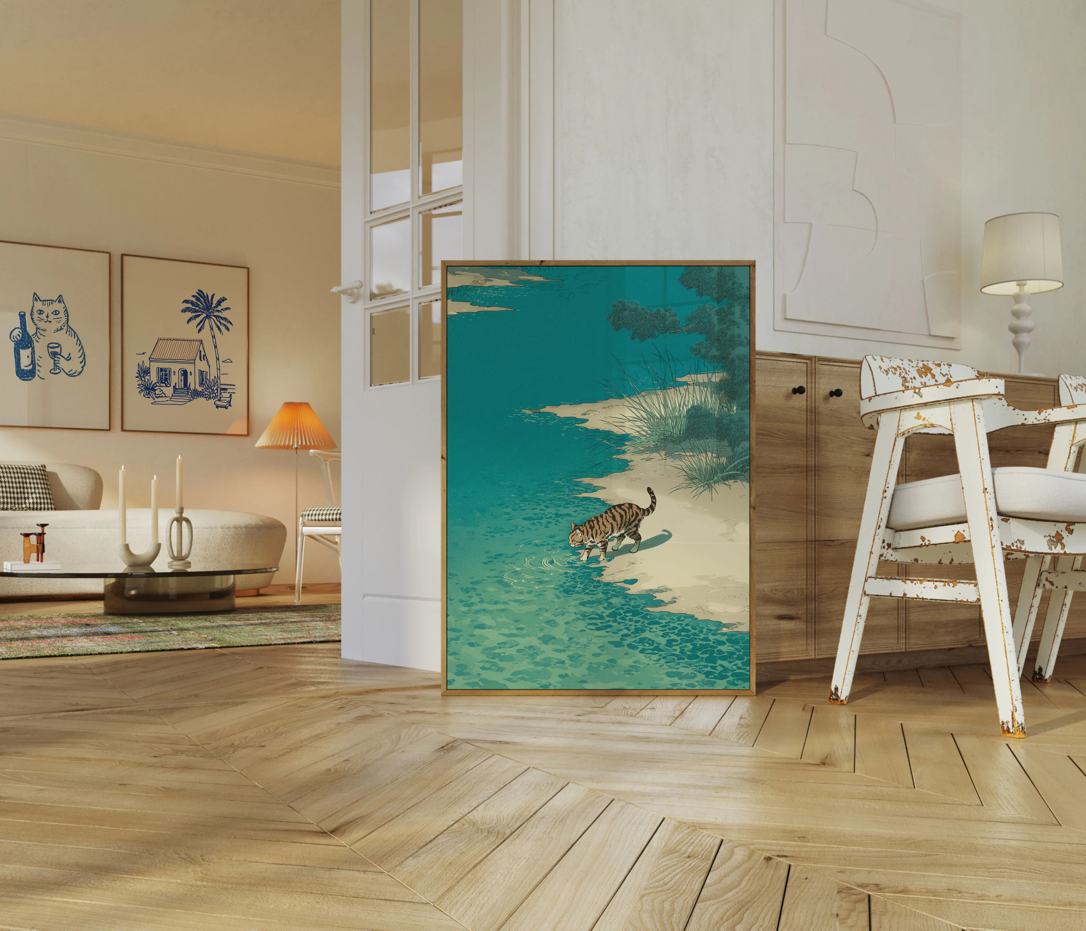 Striped Cat Beach Wading Poster - Image 5