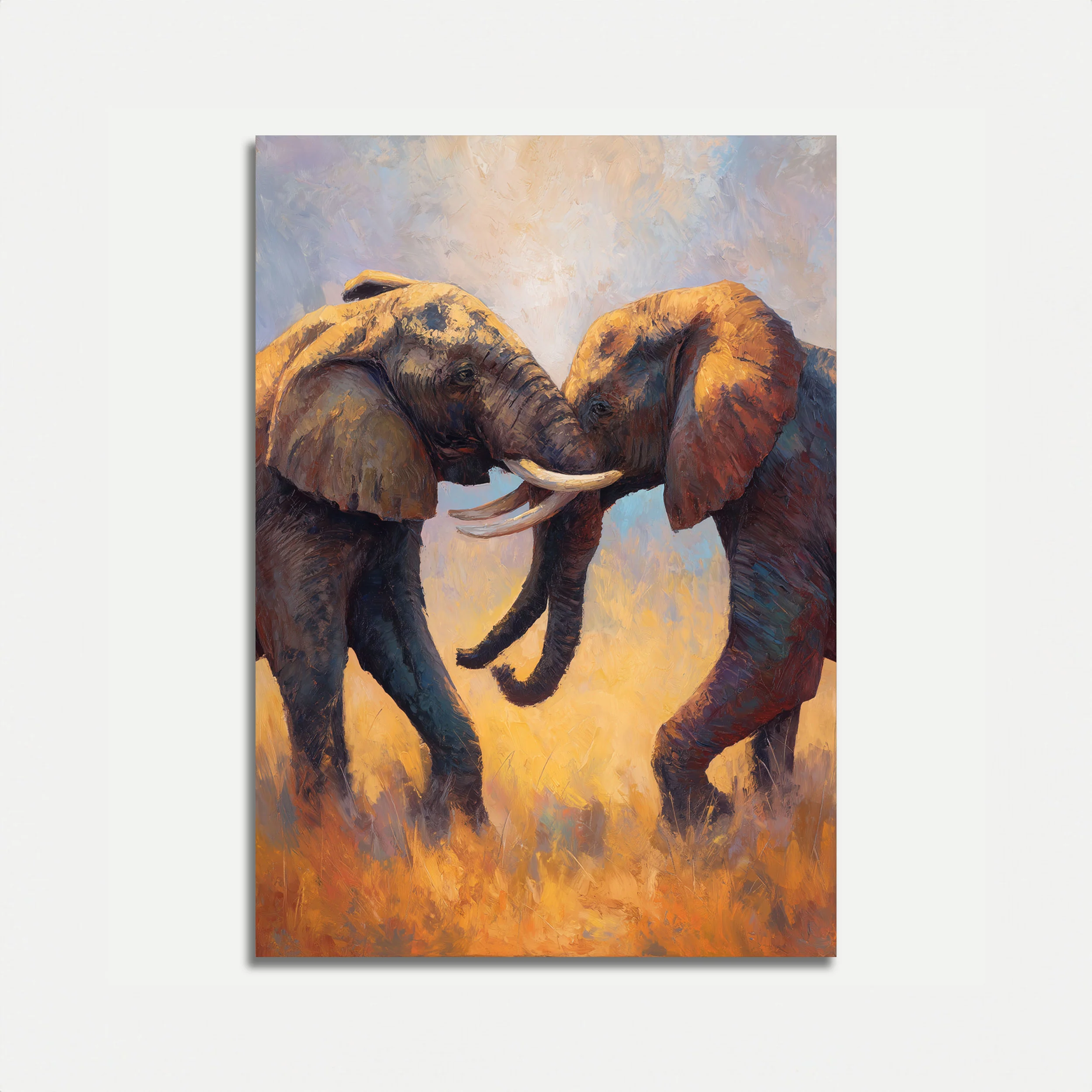 Two Elephants Touching Trunks Poster