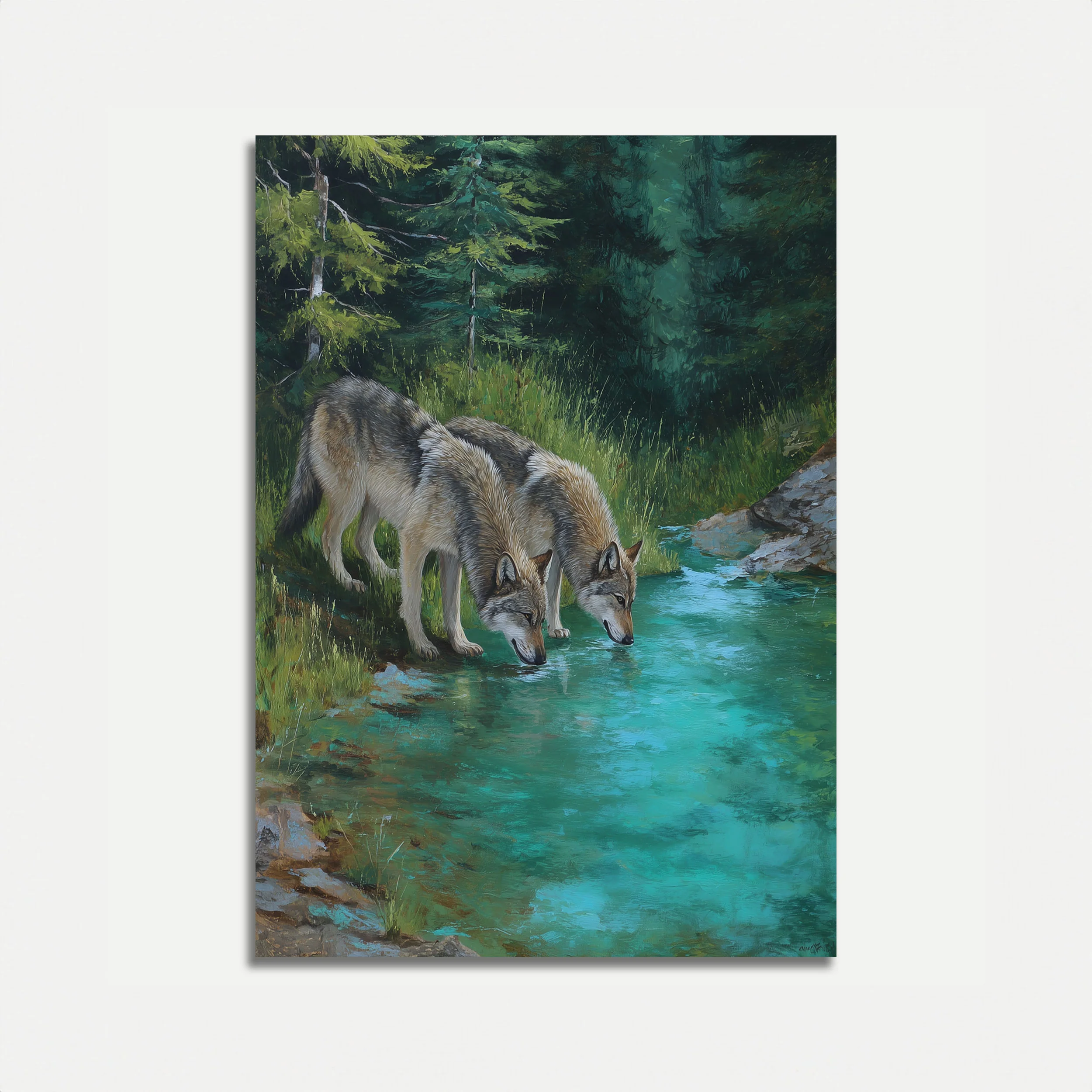 Wolves Drinking at Mountain Stream Poster
